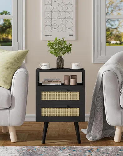 Vista 6 de YMYNY Mesita de noche con 2 cajones, mesa auxiliar bohemia, ratán decorado a mano, estante abierto con diseño arqueado, patas de madera maciza, Negro