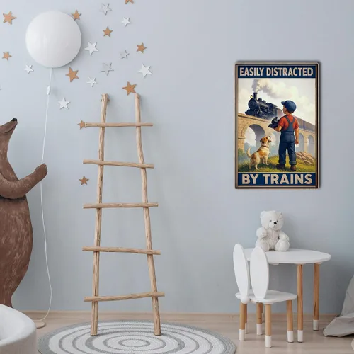 Vista 5 de Letrero de hojalata fácilmente distraído por trenes – Decoración de tren para habitación de niños y hombres – Regalos de tren para papá