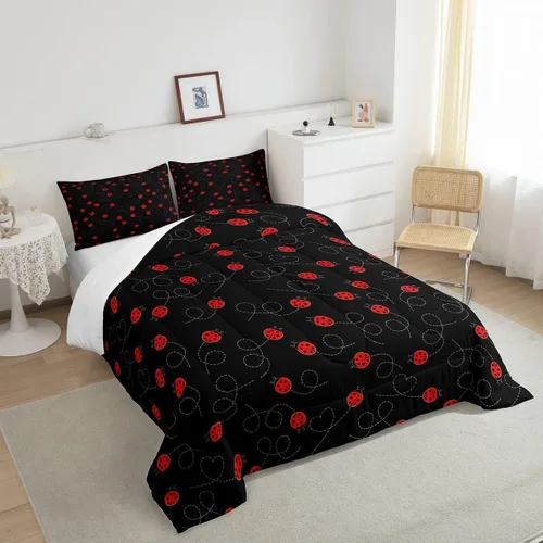 Vista 4 de jejeloiu Lindo juego de edredón de mariquita roja de dibujos animados, juego de ropa de cama para niños y niñas, decoración de animales kawaii