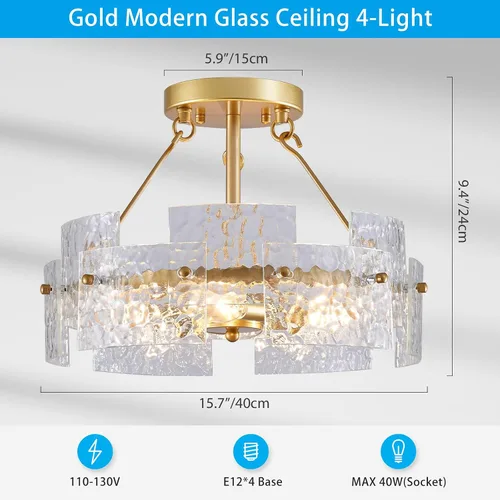 Vista 3 de XINGQI - Lámpara moderna de techo dorado de 16 pulgadas, 4 luces de techo de vidrio ondulado de agua para dormitorio, comedor, sala de estar 15.7