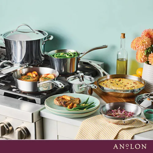 Vista 9 de Anolon Nouvelle - Juego de ollas y sartenes de acero inoxidable, 10 piezas Stainless Steel Cookware Set with Lids, Oven Safe to 500°F, Durable