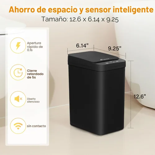 Vista 2 de Cubo de Basura Negro para Baño de 2.6 Galones, Basurero con Sensor de Movimiento Automático Sin Contacto, Cubo de Basura Pequeño Inteligente