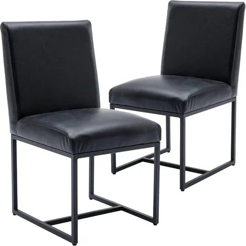 Vista 3 de Juego de 2 sillas de comedor modernas de tela, tapizadas de piel sintética, sillas de cocina sin brazos de mediados de siglo con patas negras