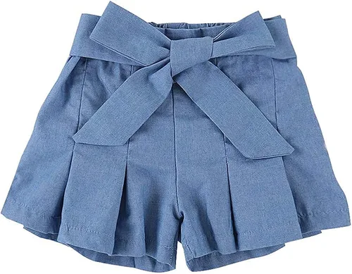 Vista 5 de Conjunto de pantalones cortos de mezclilla con volantes y hombros descubiertos para niños y niñas, conjunto de falda corta con lazo, ropa de verano