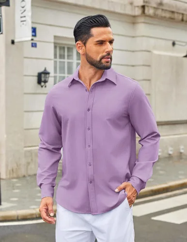 Vista 18 de COOFANDY Camisa de vestir casual de mezclilla con botones y manga larga para hombre