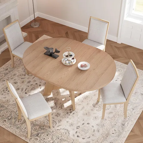 Vista 23 de VilroCaz Juego de comedor funcional retro de 5 piezas, mesa de comedor extensible de madera maciza con una hoja de 16 pulgadas y 4 sillas tapizadas