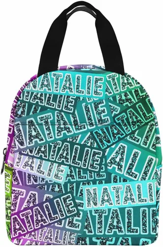 Vista 45 de InterestPrint Bolsa de almuerzo con nombre personalizado para hombres y mujeres, color rosa, blanco y negro, con lunares personalizados, enfriador