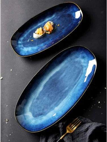 Vista 4 de Cabilock Bandeja de pescado Placa de sushi de cerámica Blue Black Snack Serving Plate para fiesta de boda