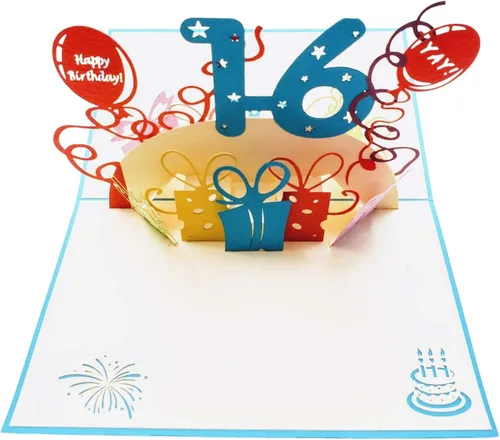 Vista 5 de iGifts And Cards Tarjeta desplegable 3D de cumpleaños de 16 años, regalos coloridos y escena de celebración de globos, divertido saludo