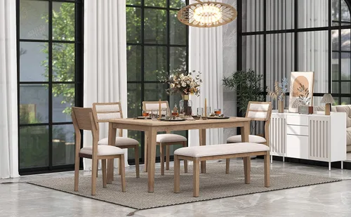 Vista 3 de Juego de mesa de comedor de 6 piezas con 4 sillas tapizadas y banco, mesa de comedor rectangular de madera de estilo tradicional para cocina, sala