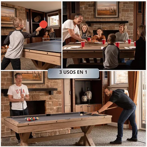 Vista 2 de Mesa de billar multijuego 3 en 1 de 7 pies con mesa de ping pong con mesa de ping pong con asiento de banco de almacenamiento doble. Incluye billar