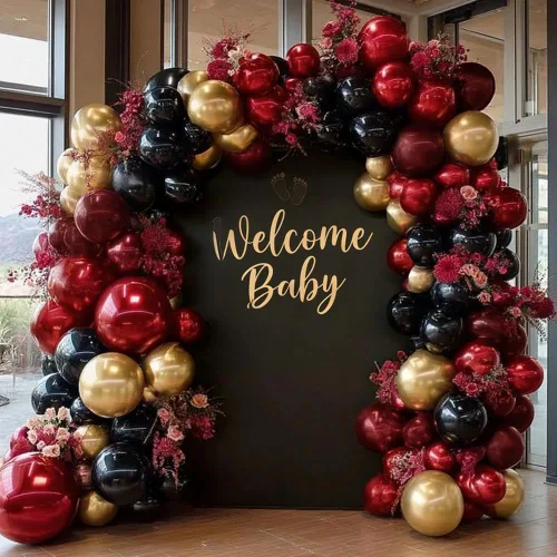 Vista 5 de Guirnalda de globos de color burdeos y negro con doble relleno, color rojo oscuro, dorado, granate y negro, kit de arco de globos para cumpleaños