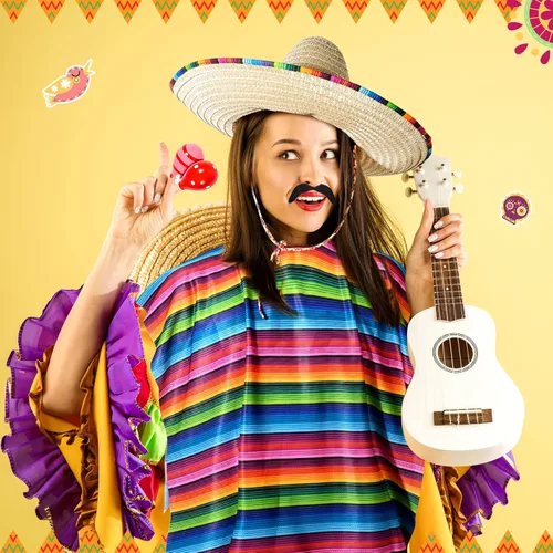 Vista 3 de El juego de disfraz de fiesta mexicana incluye sombrero de poncho de serape mexicano con bigote falso accesorio de palito de maracas coloridas