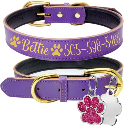 Vista 7 de LINMAGCO Collar reflectante personalizado para perro con campanas, estilo de cuero suave, resistente y ajustable, con placa de identificación Azul