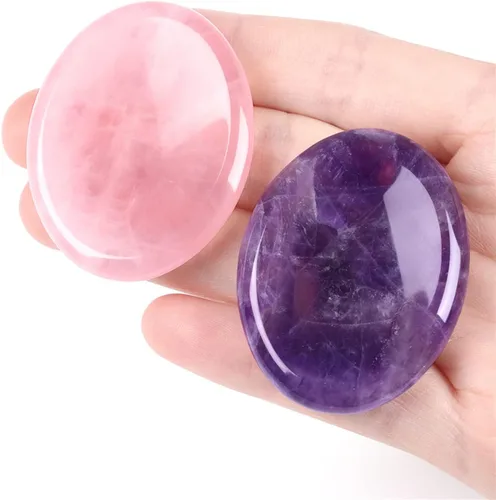 Vista 4 de YATOJUZI Juego de 4 piedras ovaladas para preocupación del pulgar, 7 chakras, amatista, cuarzo rosa, ojo de tigre, piedras naturales talladas a