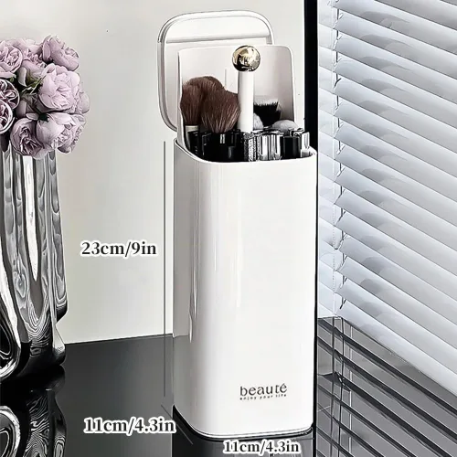 Vista 7 de Soporte de cepillo de maquillaje de elevación automática con tapa a prueba de polvo organizadores cosméticos para tocador-blanco