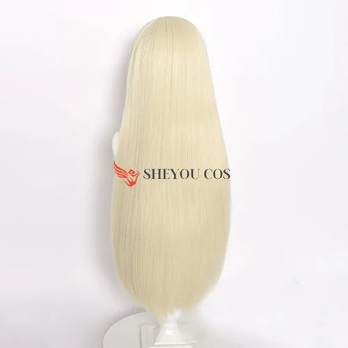Vista 5 de Uearlid Peluca de anime Cosplay Kakegurui Runa Yomozuki, peluca larga y recta rubia con flequillo limpio resistente al calor, pelucas sintéticas