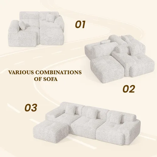 Vista 9 de Sofá modular convertible en forma de L de 122", sofá seccional tipo nube con otomán, sofás de chenilla sin estructura de 4 plazas para sala de Beige