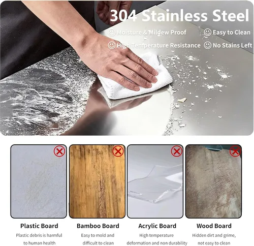 Vista 6 de Tablas de cortar grandes de acero inoxidable para cocina, tablas de cortar con alfombrilla antideslizante azul, tabla de cortar con borde