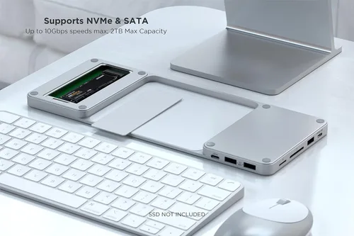 Vista 5 de Satechi Base delgada USB C para iMac de 24 pulgadas con carcasa sin herramientas para SSD M.2 PCIe NVMe y SATA, puerto de datos USB C, USB A, 2 USB