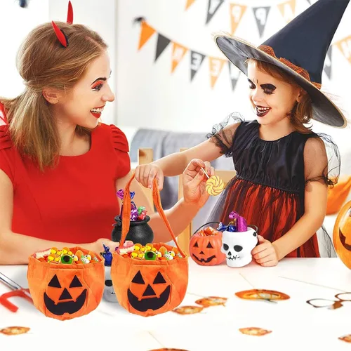 Vista 2 de 2 bolsas de dulces de calabaza de Halloween para niños, cubos de calabaza, bolsas de truco o trato, bolso para niños, suministros de recuerdos