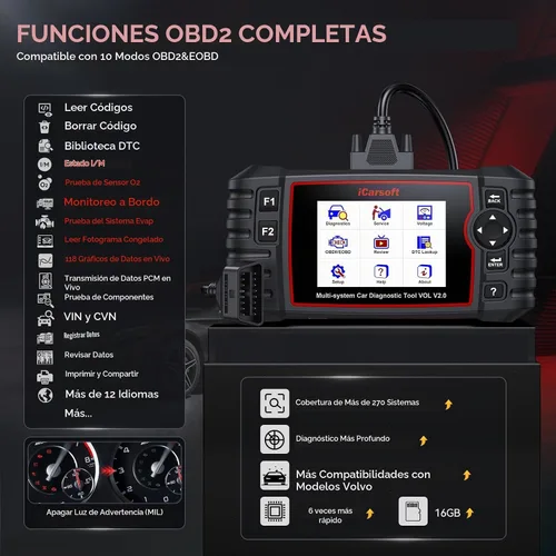 Vista 3 de iCarsoft Escáner VOL V2.0 OBD2 para Volvo/SAAB, herramienta de diagnóstico OBD2 de escaneo automático en profundidad de sistemas completos, 118