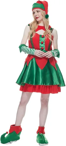 Vista 9 de FantastCostumes Disfraz de elfo de Navidad para mujer, disfraz de Papá Noel