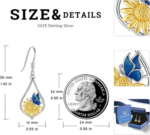 Vista 4 de Aretes colgantes de plata de ley con diseño de árbol de la vida, flor, abeja, animales, gato, colibrí, piedra lunar, turquesa, aretes con cierre
