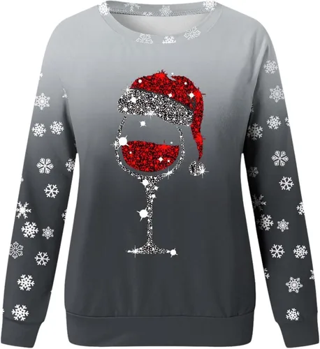 Vista 3 de Rvidbe Suéter feo de Navidad para mujer, estampado de copa de vino tinto, casual, cuello redondo, manga larga, sudaderas