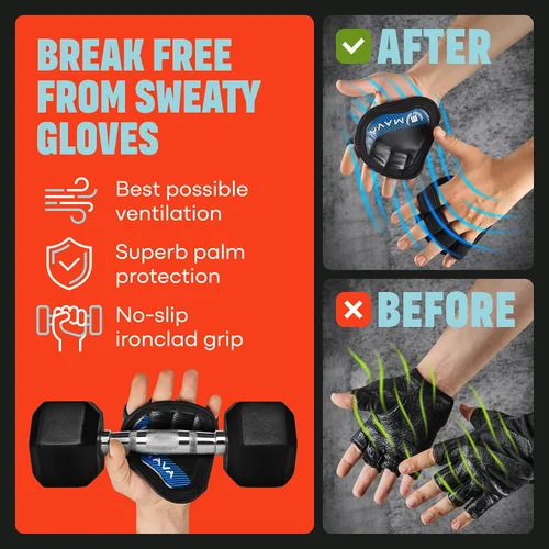 Vista 2 de Mava Sports Almohadillas de agarre de neopreno, una alternativa a los guantes de mano desnuda para levantamiento de pesas para mujeres y hombres