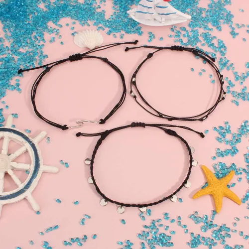 Vista 5 de Pulseras de tobillo impermeables con cuentas, pulseras de tobillo de playa con olas, pulseras de tobillo de acero inoxidable con monedas, joyería