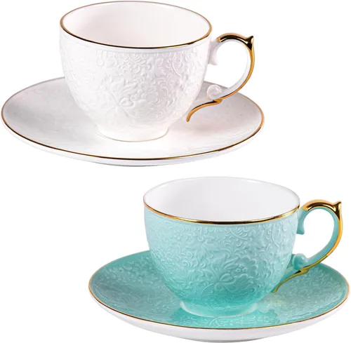 Vista 34 de KAMMAK Juego de 2 tazas de té y platillos, tazas de café de porcelana fina, tazas de café expreso apilables, demitasse de cerámica para café