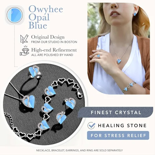Vista 5 de Leafael Infinity Love - Juego de joyas de corazón Collar con colgante, pulsera de eslabones y anillo ajustable de corazón de cristal con ópalo azul