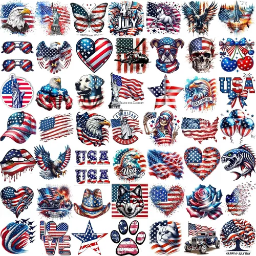 Vista 6 de 49 hojas de tatuajes del 4 de julio, Día de la Independencia, patrióticos temporales tatuajes para veteranos laborales estadounidenses, decoración