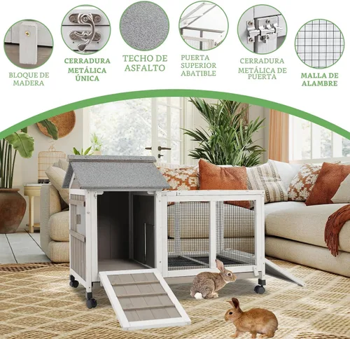 Vista 8 de Gowoodhut Conejera de 38.19 pulgadas de largo para interiores y exteriores con 4 ruedas, jaula de madera para conejo con bandeja extraíble a prueba