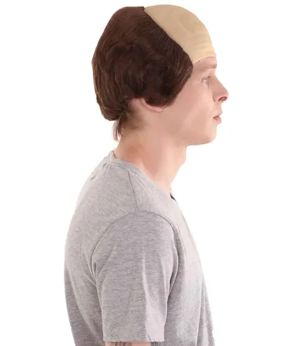 Vista 5 de Peluca de padre fraile calvo marrón para hombre adulto, cabello liso marrón con gorra calva de piel, perfecta para tu fiesta de Halloween y cosplay