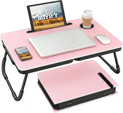 Vista 9 de BUYIFY Mesa de cama plegable de 23.4 pulgadas con bandeja portavasos