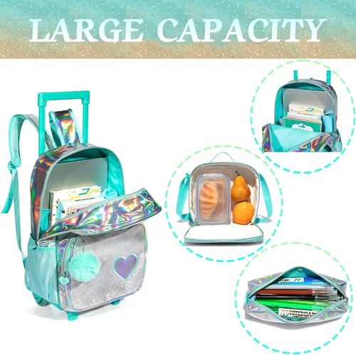 Vista 18 de Mochila con ruedas para niñas, mochila escolar con ruedas, bolsa escolar con bolsa de almuerzo y bolsa para lápices, mochila con ruedas para niños