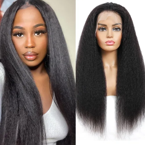 Vista 10 de Pelucas de cabello humano lacio tipo afro de 13 x 4, peluca de cabello humano prearrancado con abuelitos, densidad del 180 %, peluca de cabello