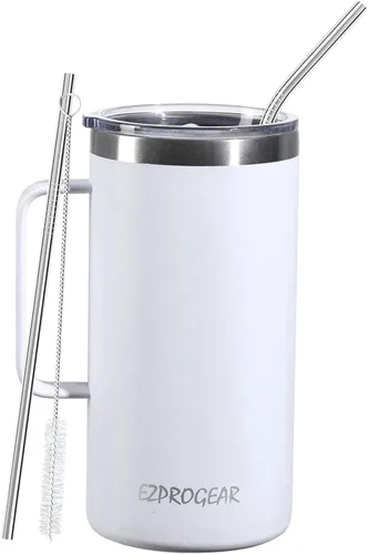 Vista 13 de Ezprogear Taza de café de acero inoxidable de 32 onzas con aislamiento y asa, tapa (32 onzas, taza rosa clavel) Vaso aislante, con asa, con tapa