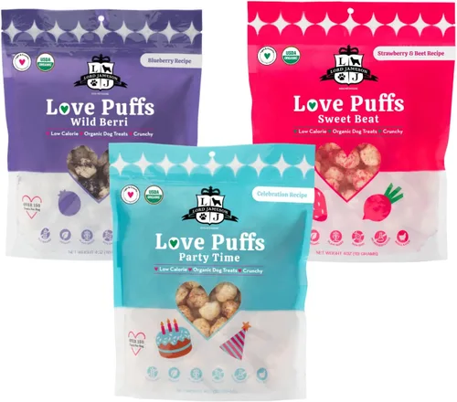Vista 12 de Lord Jameson Cheddar Charm Colección Love Puffs ligeros y crujientes Golosinas orgánicas para perros, receta de queso, sin gluten, sin