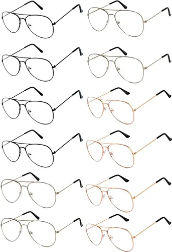Vista 19 de OWL Paquete de 12 lentes de sol de aviador a granel de metal dorado, plateado, marco negro para hombres y mujeres, gafas de fiesta