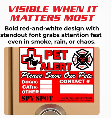 Vista 5 de Spy Spot Paquete de 6 calcomanías de alerta de mascotas para rescate de emergencia, 4 x 3 pulgadas, resistente a la intemperie, calcomanías