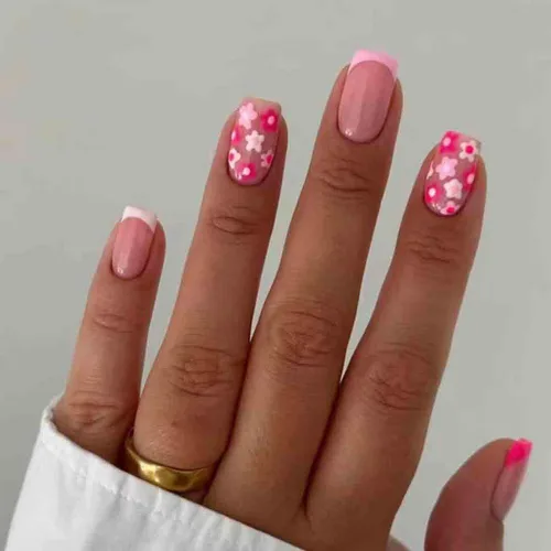 Vista 7 de Foccna Uñas postizas a presión de color rosa medianas, uñas postizas blancas brillantes, uñas postizas cuadradas acrílicas, uñas artificiales