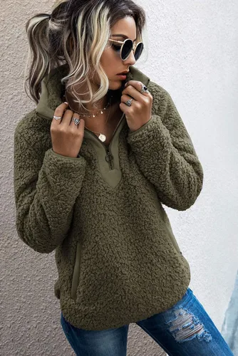 Vista 3 de AQOTHES Sudadera suelta casual con cremallera y bolsillos de forro polar Sherpa para mujer
