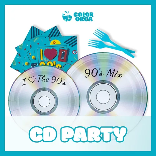 Vista 7 de Vajilla para decoración de fiestas temáticas de los años 90, suministros retro para fiestas de cumpleaños de los 90, incluye platos, tenedores
