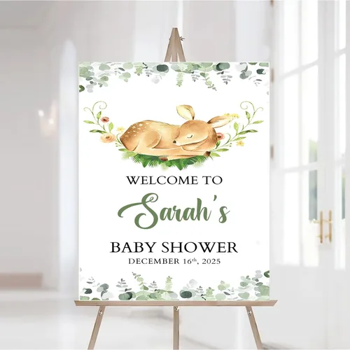 Vista 2 de Letrero de bienvenida personalizado de ciervo dorado para baby shower, decoración temática de bosque, decoración de fiesta de bebé, letrero