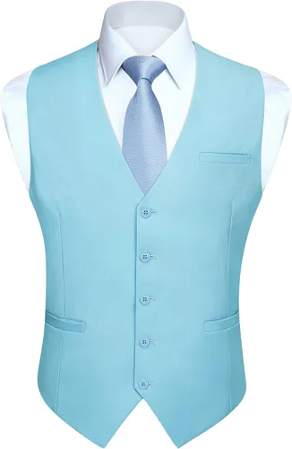 Vista 41 de HISDERN Vest 101 - Chaleco de traje ajustado para hombre con 3 bolsillos para negocios, formal, boda, baile de graduación y esmoquin casual a1-Negro