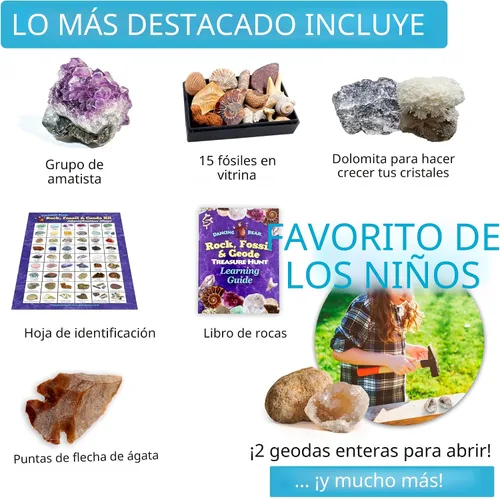Vista 4 de Set de actividades de la colección Rock & Mineral (más de 150 piezas), hoja de identificación educativa más 2 geodas fáciles de romper, dientes