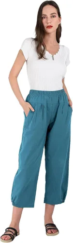 Vista 2 de utcoco Pantalones cortos harén para mujer, cintura elástica, casual, ajuste holgado, algodón y lino, capris con bolsillos